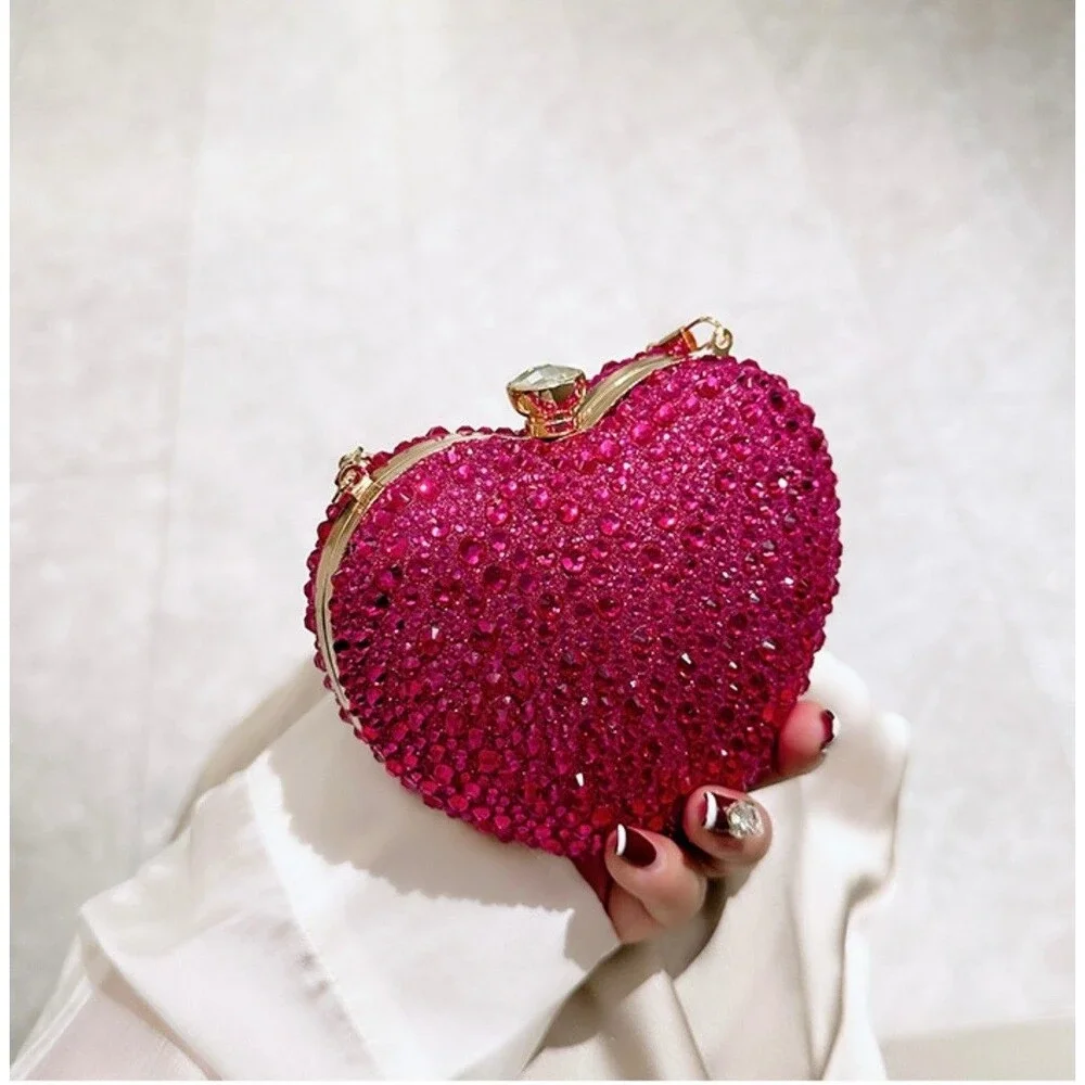 Hot Pink Crystal Heart Clutch Bag Gold Handle Formal Evening Cocktail Purse NEW